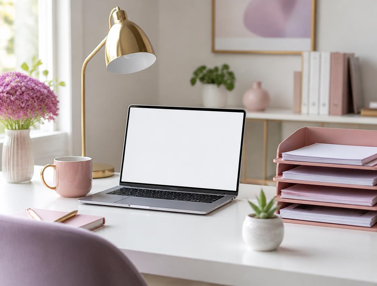 Organized bookkeeping workspace with laptop and documents